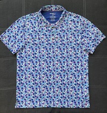 Birdie Bound Golf Polo Shirt L Blue Pink Geometric Golf Ball Print Stretch