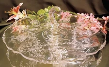 Vintage Heisey ORCHID Etched Glass Tidbit Serving Tray Platter Dolphin Handle
