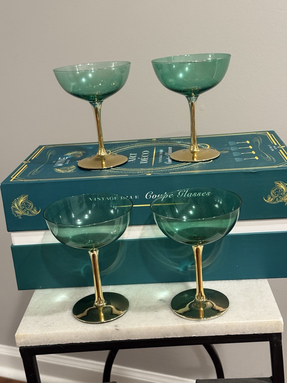 The Wine Savant Green Gold Coupe Art Deco Champagne Glasses Set Of 4 Gift Box