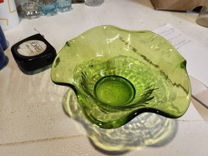 Olive Green Crackle Glass Ruffled Bowl