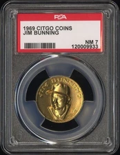 1969 Baseball Citgo Gas Pin Coin JIM BUNNING Pittsburgh Pirates PSA 7 NEAR MINT