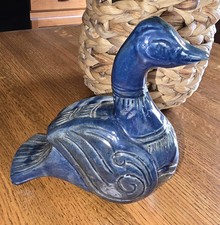 VTG Drip Glaze Pottery Duck Figurine Blue Tan Glossy Rustic Farm House Hobbiest