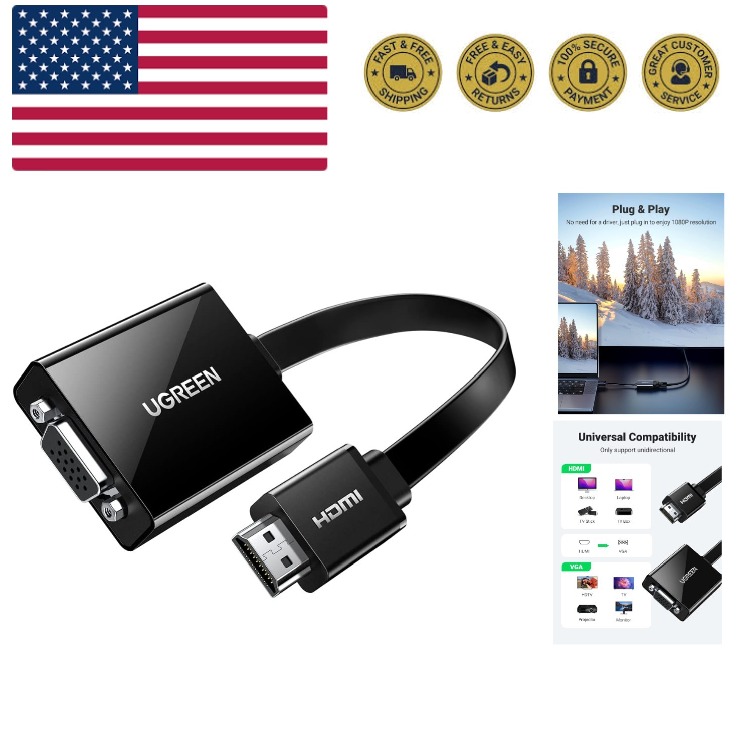 With 3.5mm Audio Jack Hdmi Male To Vga Female Up T...