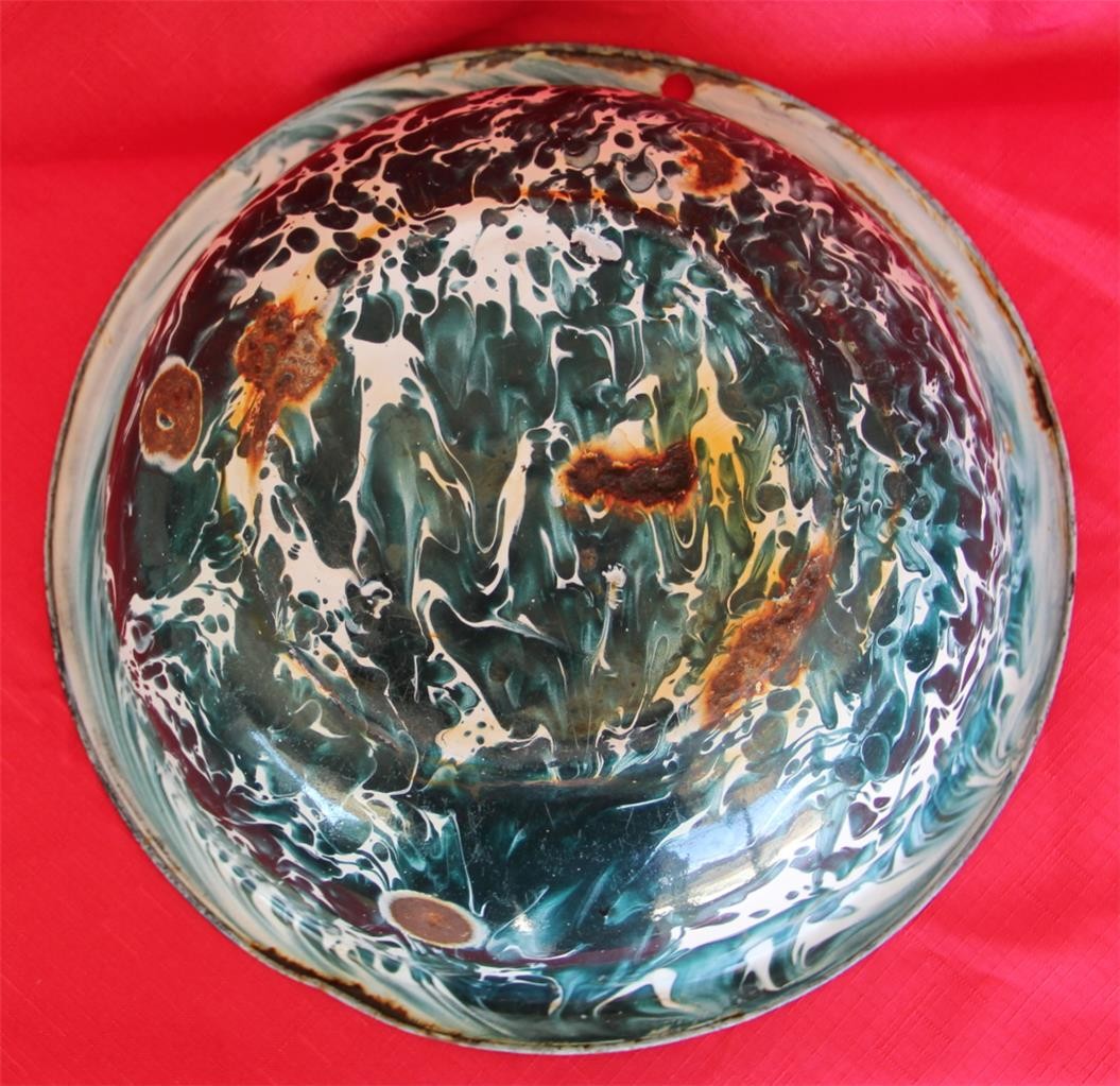 Antique Primitive Enamelware Green Swirl Bowl Graniteware Rusty Crusty Beat Up