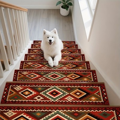 [Rubber Anti-Slip Bottom] 15pcs Geometric Pattern Printed Stair Treads, Non-Sl
