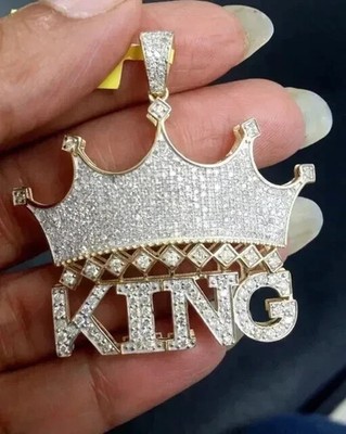 2Ct Round Cut Real Moissanite King Crown Letter Pendant 14k Yellow Gold Plated