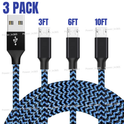 3 Pack Braided Micro USB Charger Cable Charging Cord For Android Samsung Google