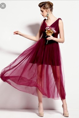 Wine Red Empire Waist Deep V Sleeveless Maxi Dress | eBay