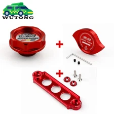 JDM Red Oil Filler Cap + Radiator Cap Cover + Battery Tie Down For Honda Civic