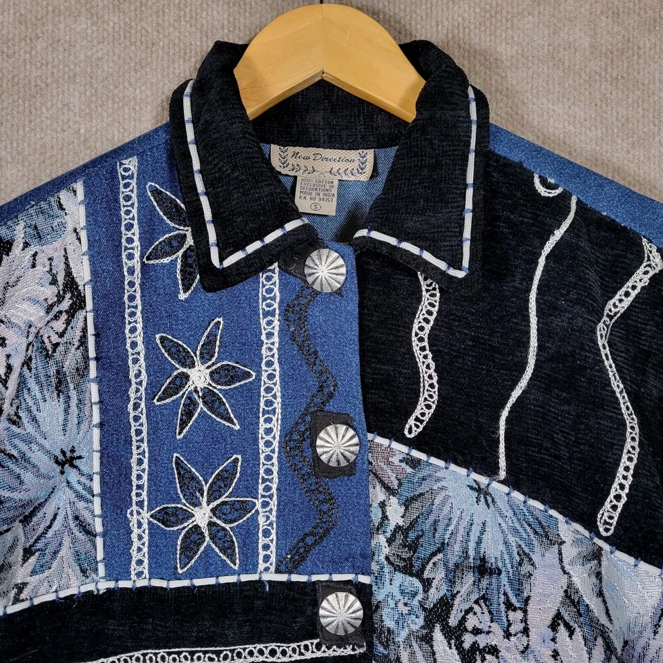 НОВОЕ НАПРАВЛЕНИЕ Топ женщин маленький цветочный вышивка вельвет расслабиться кнопка вверх куртка - Изображение 3 из 4