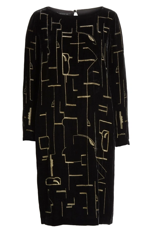 Vestido LAFAYETTE 148 Negro Dorado Bordado Terciopelo CRESSIDA Cóctel Cambio M 8/10 Foto 4 de 4