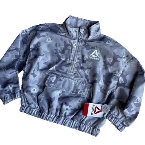 Reebok Girl’s Size XS 4-5 Camo Windbreaker Pullover Jacket Gray Silver NWT