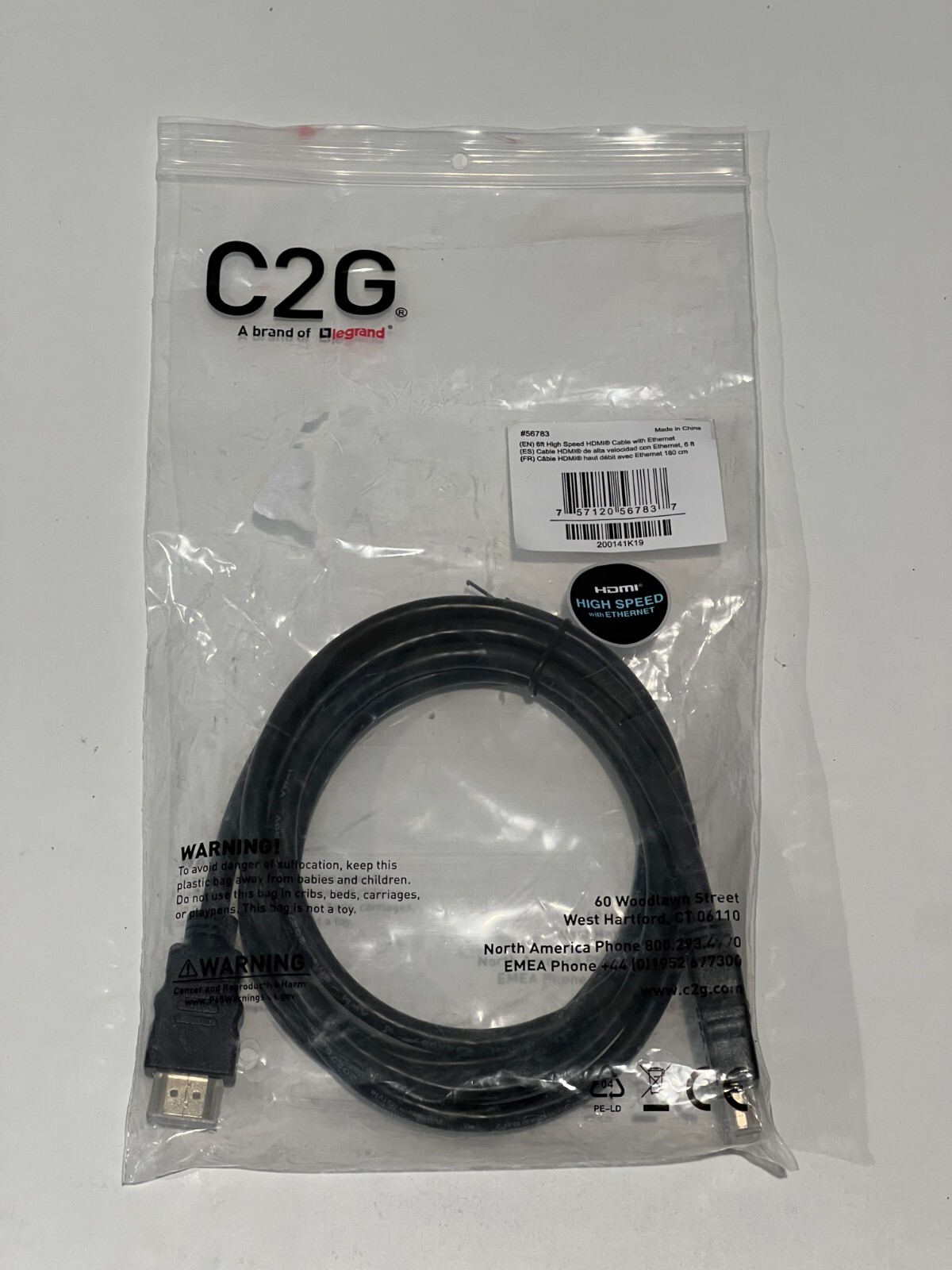 C2g 6ft High Speed HDMI Cable with Ethernet NEW