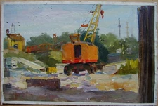Ukrainian Soviet USSR Oil Painting impressionism industrial socrealism crane
