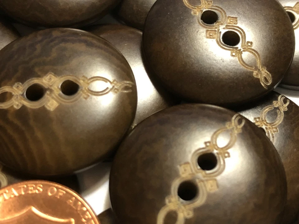 6 PCS ONLY! Vintage Glossy Brown Carved Corozo Tagua Nut Buttons 23mm 7/8" 11712 - Image 3 of 4