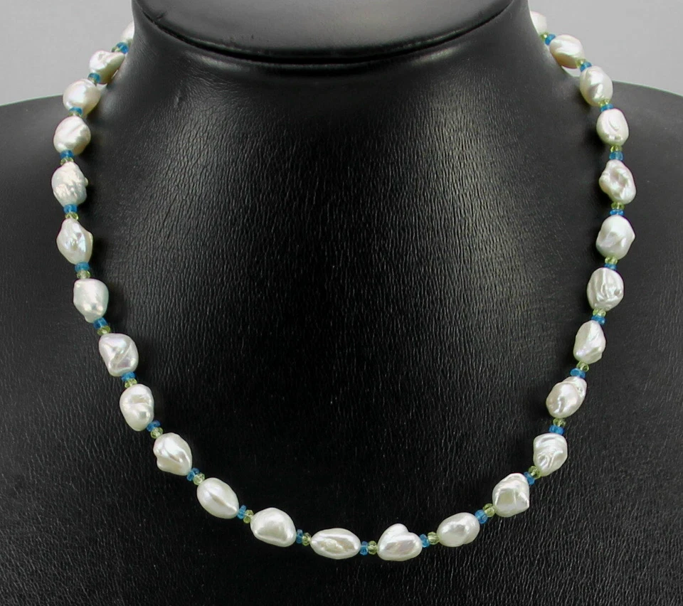 Perlenkette - weiße Keshi Süßwasserperlen mit Peridot & Apatit Halskette 46 cm - Bild 2 von 3
