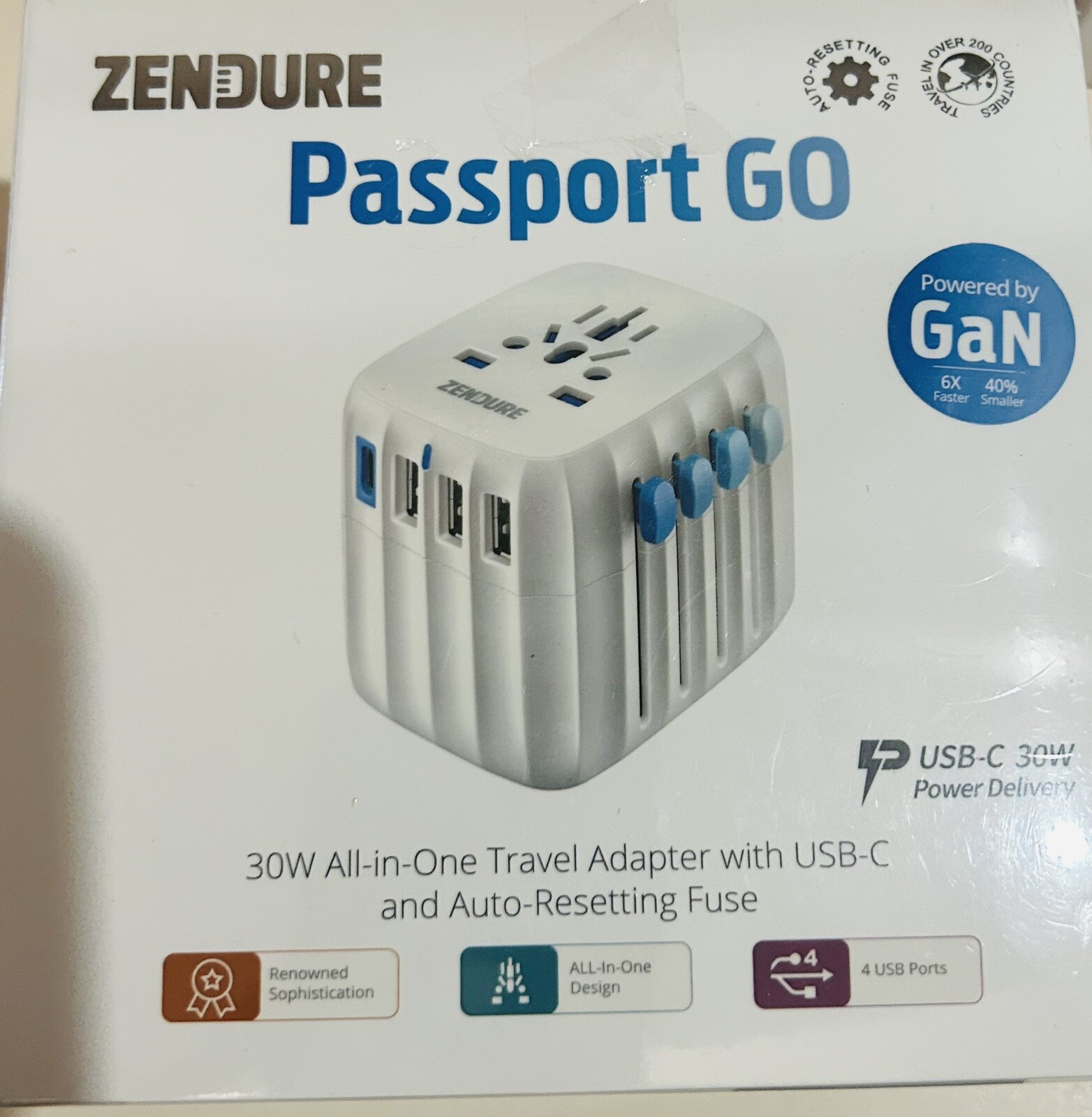 ZENDURE Passport Global Adapter Travel Plug Auto Reset Fuse USB-C 4 Ports Sealed