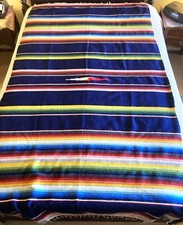 Vintage Mexican Serape Saltillo Blanket Blue Striped Fine Weave 84x78