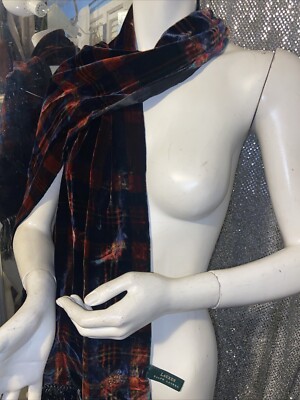 Vintage Ralph Lauren wine red Burgundy velvet And Silk plaid scarf