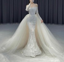 Vintage Mermaid Off-Shoulder Wedding Dress Lace Bridal Gown with Detachale Train