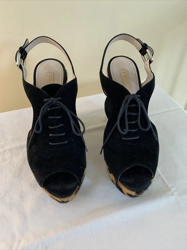 ZAPATOS PRADA TACONES DE GAMUZA plataforma peep toe botas NEGRO ESTAMPADO LEOPARDO 38 EE. UU. Foto 3 de 4