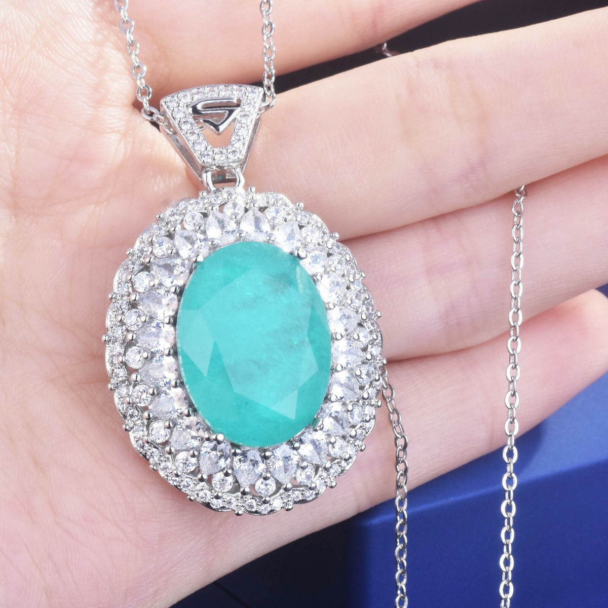 New Big Stone Oval Neon Blue Tourmaline Mix White Gems Women
