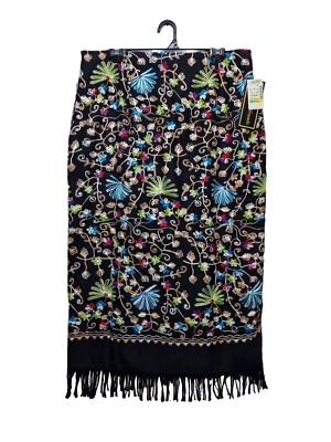 VTG Intriguing Threads Maxi Skirt Women's 16 Multi Floral Embroidered Fringe Hem