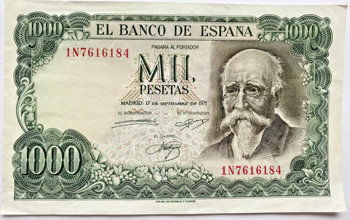MADRID, SPAIN 1000 PESETAS 1971 EL BANCO DE ESPANA MONEY BILL NOTE. Extra Fine - Picture 1 of 4