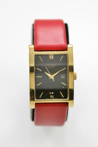 Citizen Men Watch Gold Stainless Leather Red Battery Water Res Black Date Quartz - Picture 1 of 6
