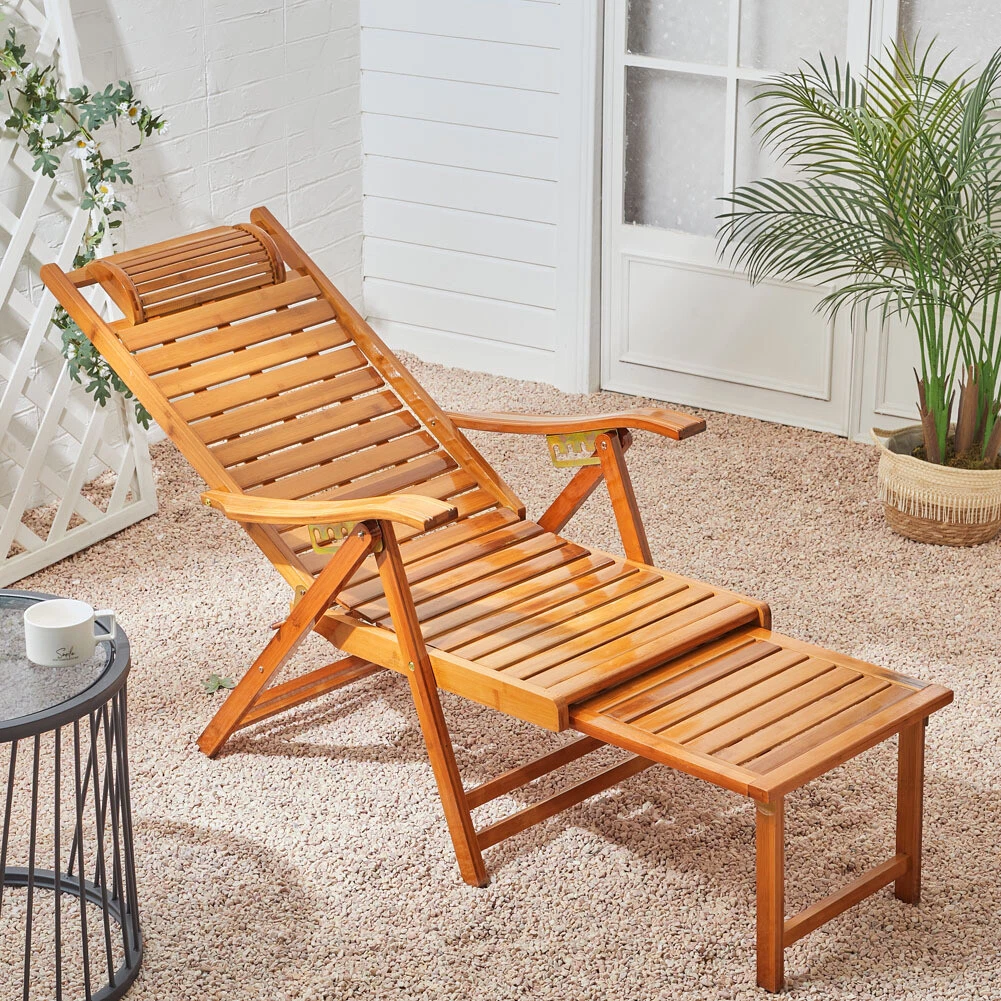 Sun Lounger Garden Bamboo Folding Chair Bed Outdoor Recliner w Headrest Footrest