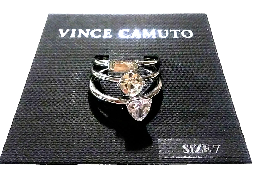 Juego de tres anillos solitario de cristal Vince Camuto talla 7 tono plateado apilables nuevos con etiquetas Foto 4 de 4