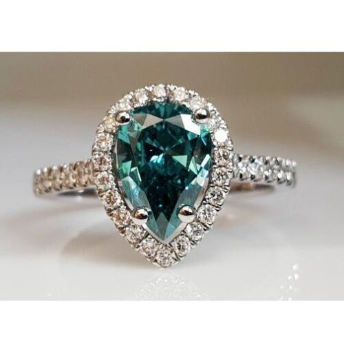 Pear Cut 2.20 CT Blue Moissanite Halo Engagement Party Ring 925 Sterling Silver