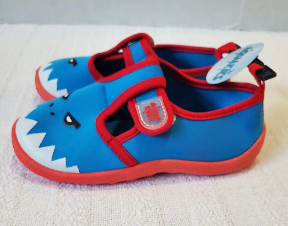 Kids Water Beach Shoes Shark Design Size 1 Aqua Kiks Blue Red Hook Loop NWT - Image 2 of 4