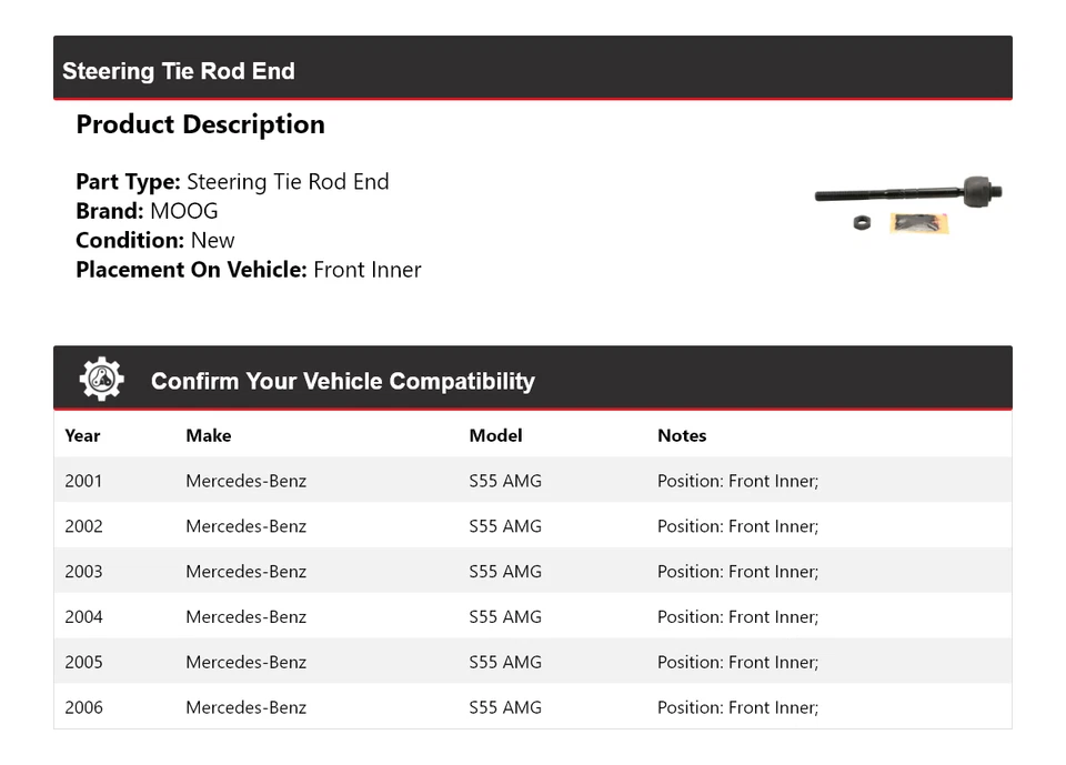 Para Mercedes-Benz S55 AMG 2001-2006 extremo de barra de dirección interior delantero MOOG 2001 Foto 2 de 4