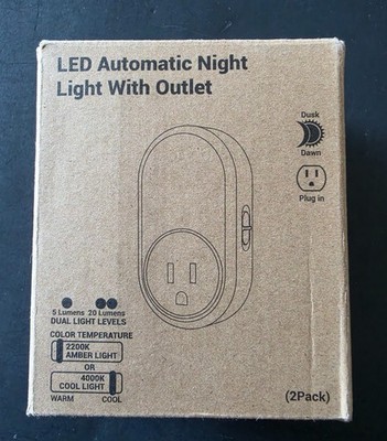 Night Lights Plug Into Wall Dusk to Dawn Sensor Night Light w/ Power Outlet 2 Pk