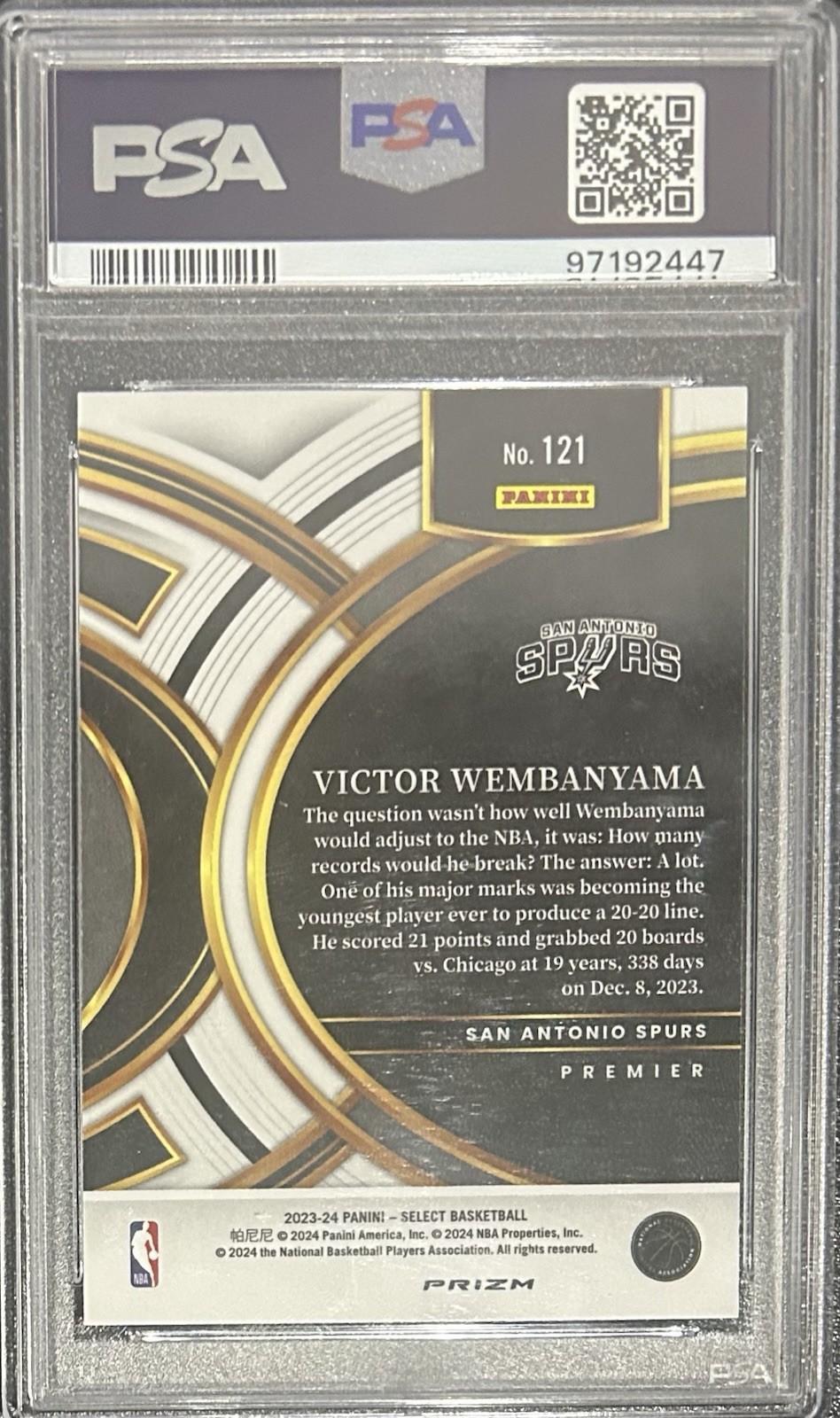 2023-24 Panini Select Victor Wembanyama RC #121 Blue Cracked Ice PSA 10 Gem Mint view 2