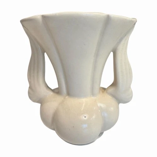 Vintage Niloak Art Pottery Vase White Matte Winged Handles Art Deco 1930s Fluted