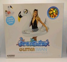 NIB PoolCandy Jumbo Pool Tube Float Gold Glitter Swan Beach 48 with DRINK FLOAT