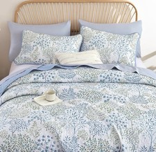 Lightweight Queen Quilt Set Blue Green Botanical Farmhouse Bedspread 3pc