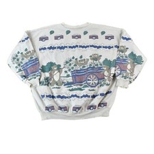 Vintage 1980s AOP Teddy Bear Picnic Crewneck Sweatshirt Women's M