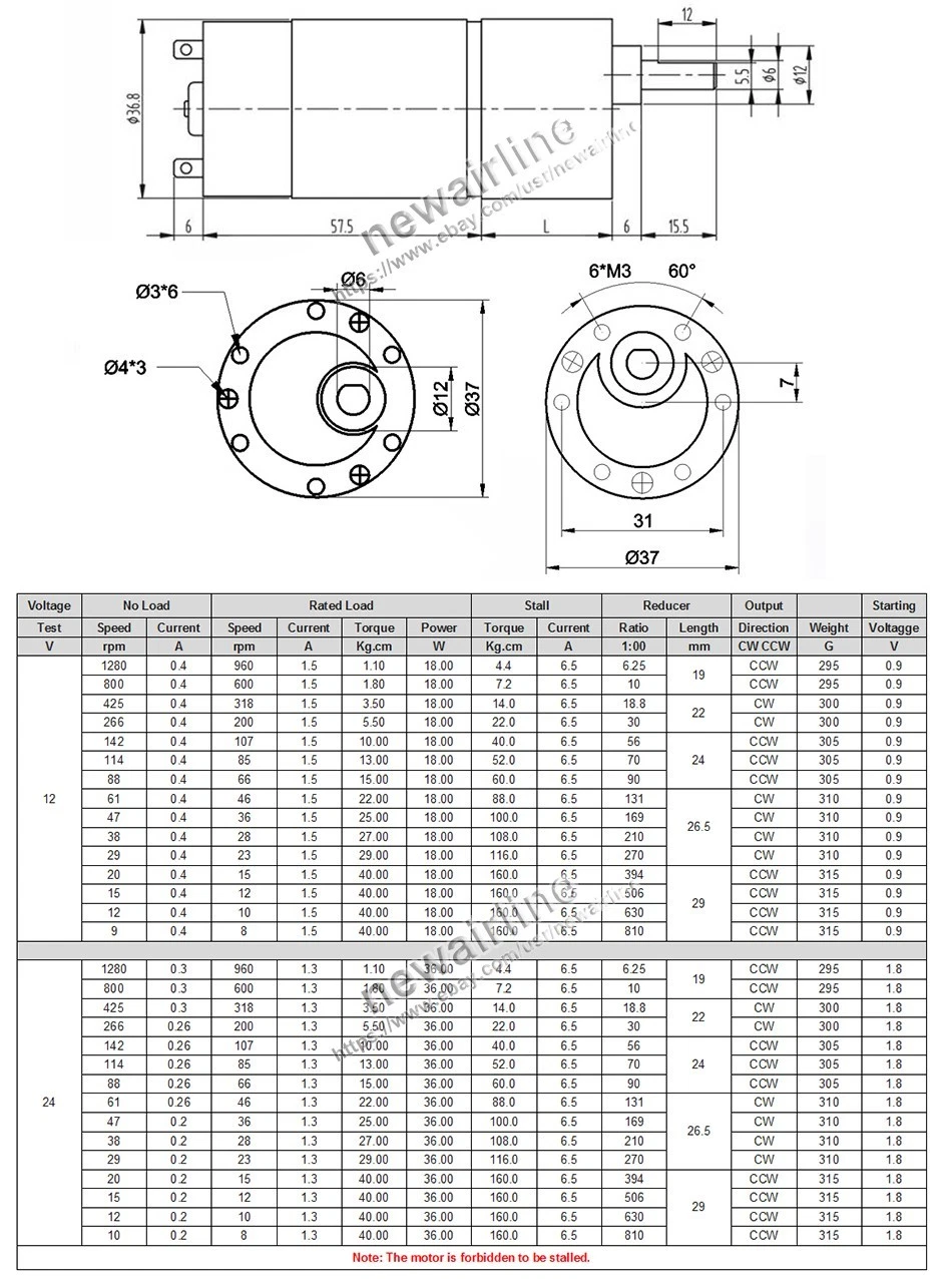 DC12V 24V JGB37-555 Gearbox Speed Reduction Gear Motor Code Disk with Encoder - Picture 3 of 8