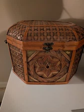 Rare Vintage Bamboo/Wicker Woven  Basket With Hinged Lid