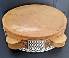 TAMBOURIN ORIENTAL EN BOIS RIQQ, RIQ ou REKK INCRUSTE SYMBALES LAITON VINTAGE