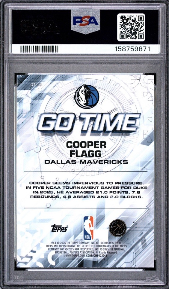 2025-25 Topps Chrome Cooper Flagg #GT-16 RC Rookie Go Time PSA 10 GEM MT (QTY) view 2