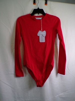 MANGO MANGOPOP Women Red Long Sleeve Bodysuit XS Cotton Blend Crew Neck