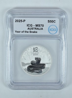 2025 P Australia 50 Cents Silver Year Of The Snake 1/2 Oz MS70 ICG