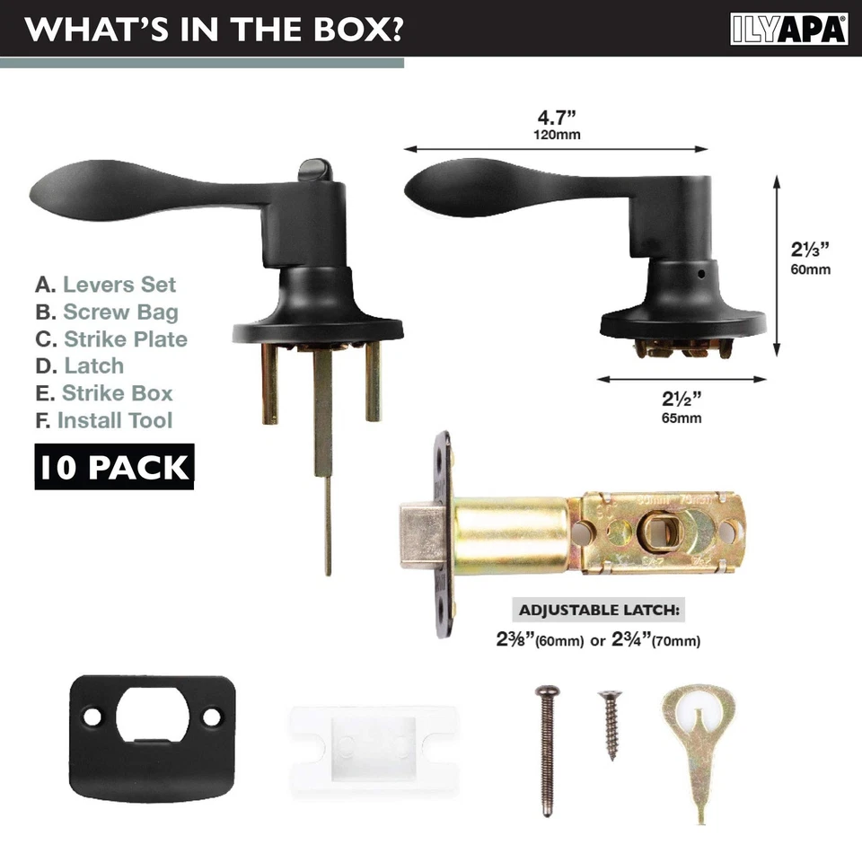 Privacy Door Lever for Bed/Bath - Wave,哑光黑色双面内部钥匙扣... — 第 2/4 张图片