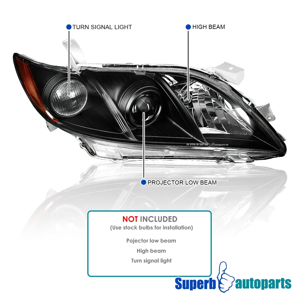 Fits 2007-2009 Toyota Camry Projector Headlights Black Head Lamps 07-09 Pair Foto 3 de 4