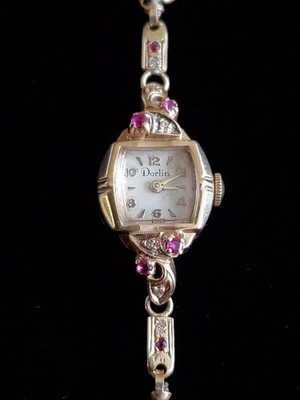 Vintage Dorlin 14K Yellow Gold Rubies Diamonds Ladies Wristwatch - Pearl Band
