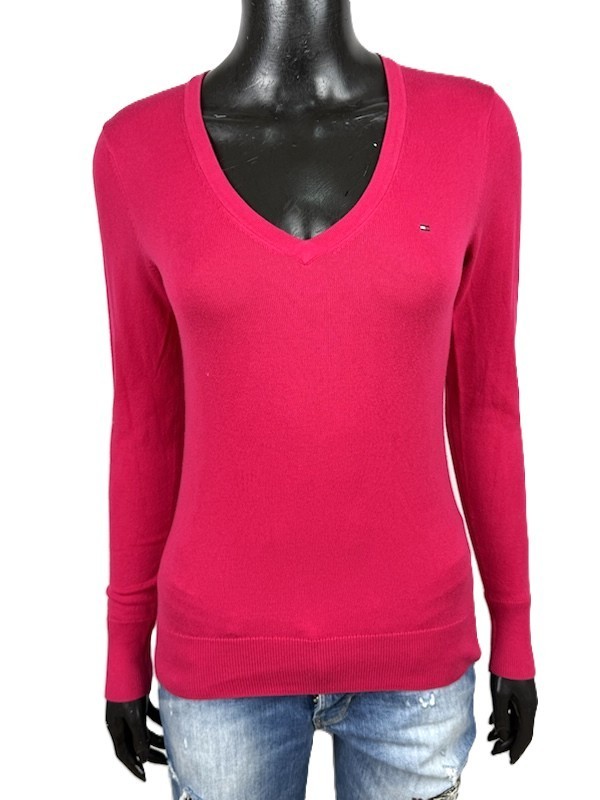 Tommy Hilfiger Maglia Donna XS Fucsia Cotone Scollo V Manica Lunga Logo